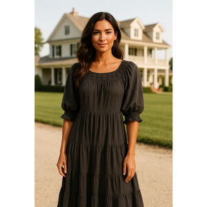 Old Navy Midi Dress Charcoal Gray Cottagecore Boho Embroidered Tier Prairie XXL